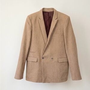 Topman Beige Double-Breasted Herringbone Blazer